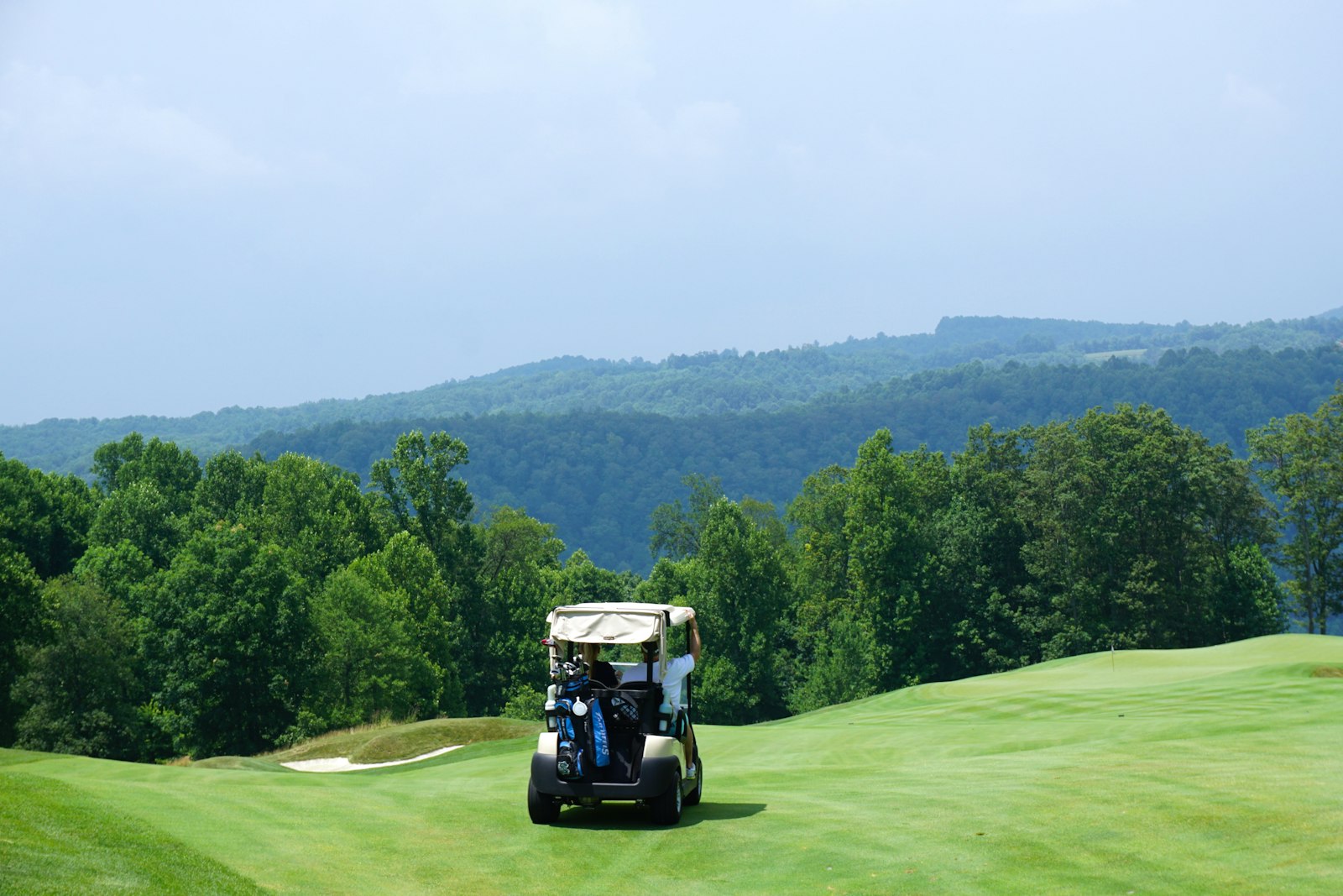 Golf cart on a fairway with wooded hills behind it